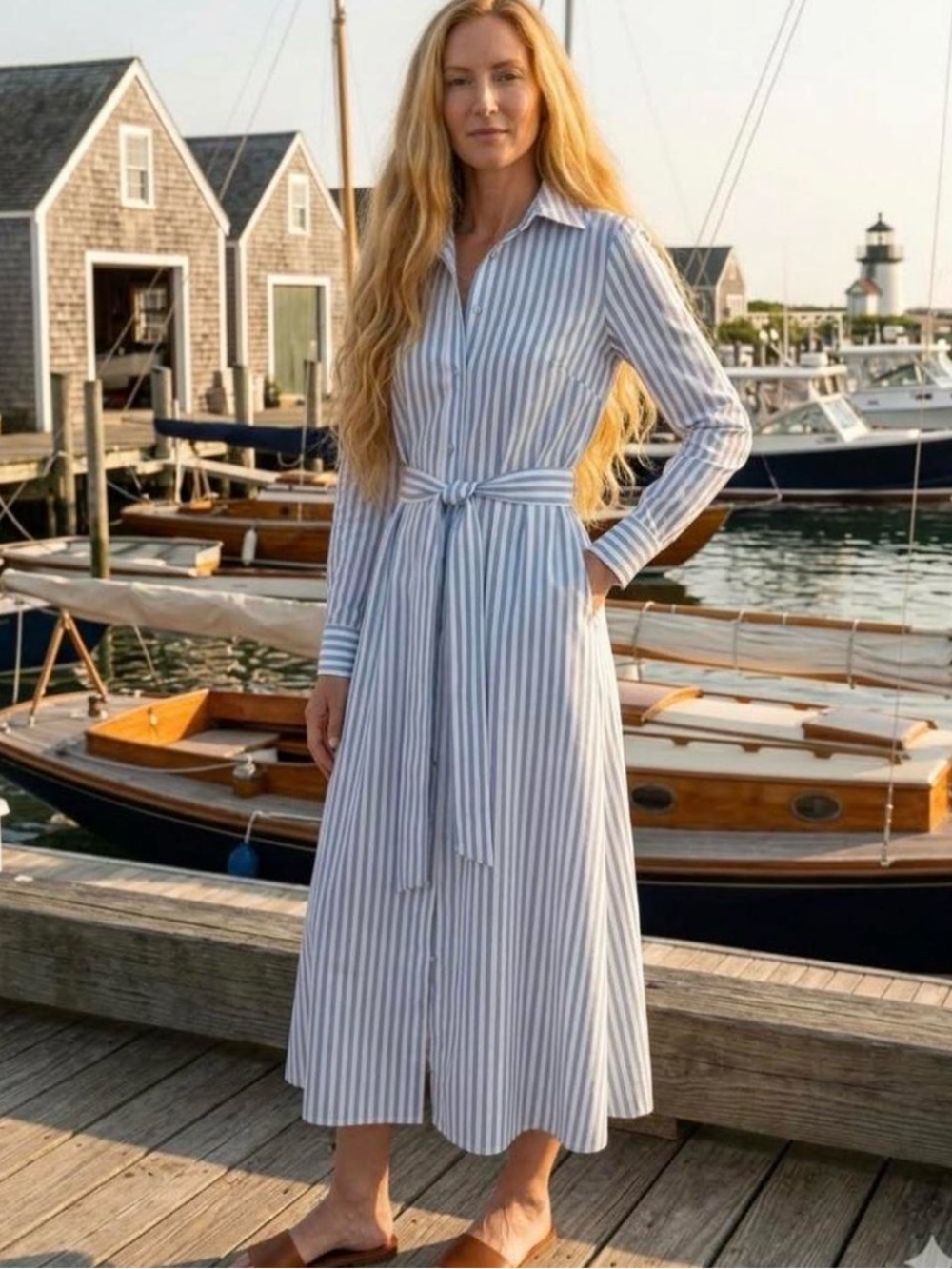 🆕 NWT Tuckernuck Striped Blue and White Caldwell Shirt Dress with Tie Waist